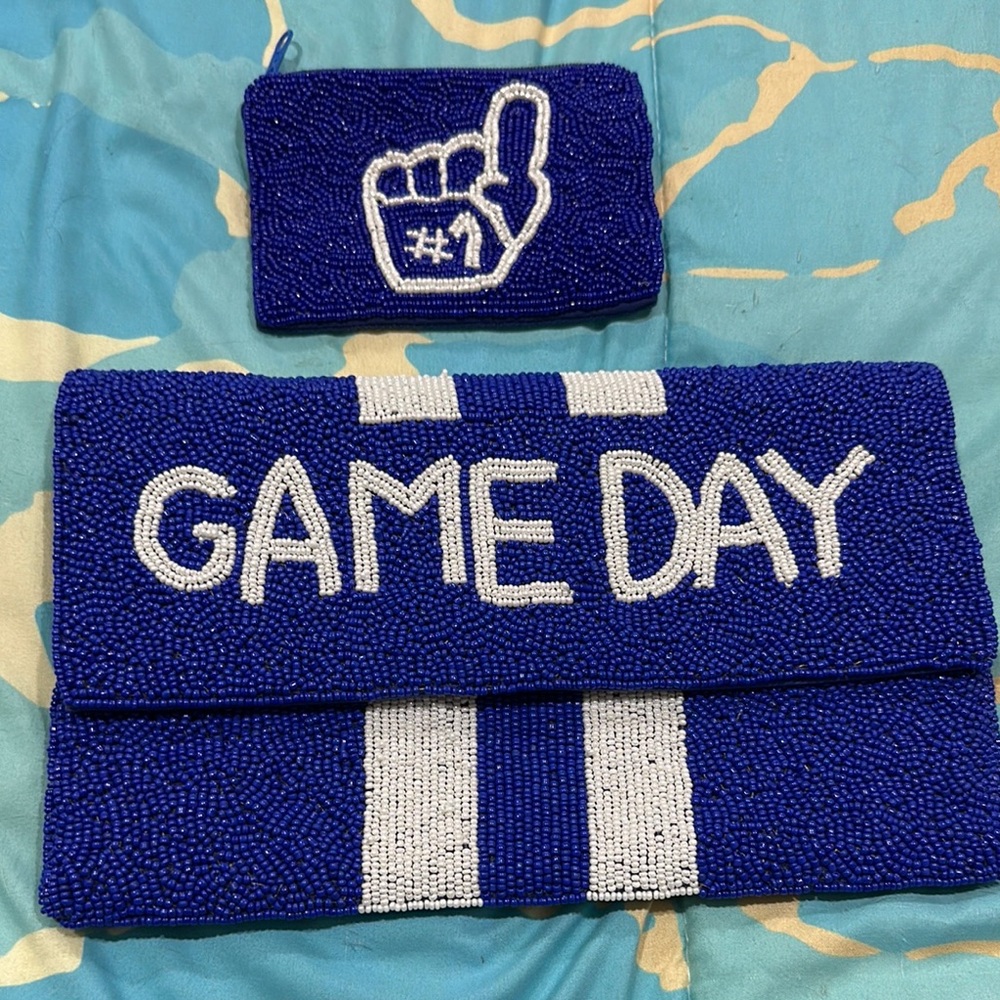 Blue Beaded Game Day Clutch and Pouch